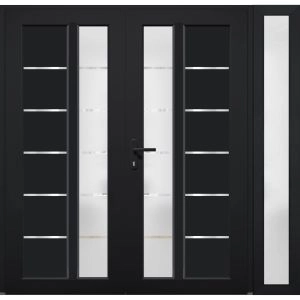 Front Exterior Prehung Metal-Plastic Double Doors / MANUX 8088 Matte Black / Sidelite Exterior Window / Office Commercial and Residential Doors Entrance Patio Garage 84" x 80" Right-Hand