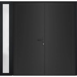 Front Exterior Prehung Metal-Plastic Double Doors / MANUX 8111 Matte Black / Sidelite Exterior Window / Office Commercial and Residential Doors Entrance Patio Garage 84" x 80" Left-Hand