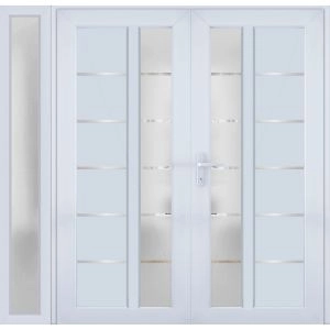 Front Exterior Prehung Metal-Plastic Double Doors / MANUX 8088 White Silk / Sidelite Exterior Window / Office Commercial and Residential Doors Entrance Patio Garage 84" x 80" Right-Hand