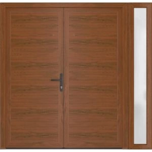 Front Exterior Prehung Metal-Plastic Double Doors / MANUX 8111 Walnut / Sidelite Exterior Window / Office Commercial and Residential Doors Entrance Patio Garage 84" x 80" Left-Hand
