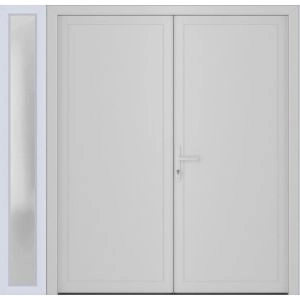 Front Exterior Prehung Metal-Plastic Double Doors / MANUX 8111 White Silk / Sidelite Exterior Window / Office Commercial and Residential Doors Entrance Patio Garage 84" x 80" Right-Hand