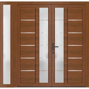 Front Exterior Prehung Metal-Plastic Double Doors / MANUX 8088 Walnut / Sidelite Exterior Window / Office Commercial and Residential Doors Entrance Patio Garage 84" x 80" Right-Hand