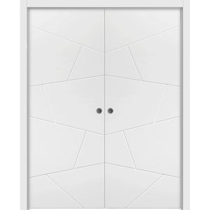 Modern Double Pocket Doors | Planum 0990 Painted White Matte | Kit Trims Rail Hardware | Solid Wood Interior Bedroom Sliding Closet Sturdy Door-36" x 80" (2* 18x80)