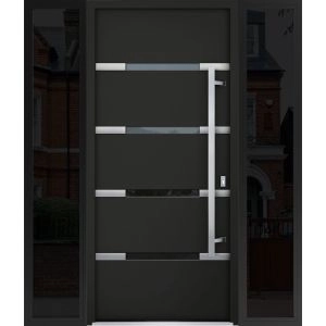Front Exterior Prehung Steel Door / Deux 1105 Black Enamel / 2 Sidelight Exterior Windows Sidelites/ Stainless Inserts Entry Metal Modern Painted W16+36+16" x H80" Left hand Inswing