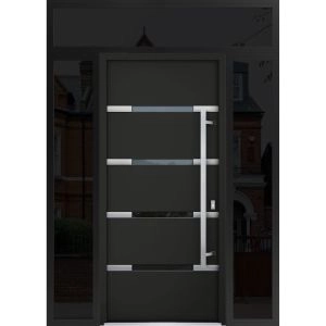 Front Exterior Prehung Steel Door / Deux 1105 Black Enamel / 2 Sidelight and Transom Window Sidelite / Stainless Inserts Entry Metal Modern Painted W16+36+16" x H80+16" Left hand Inswing