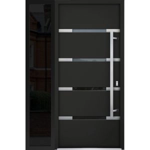 Front Exterior Prehung Steel Door / Deux 1105 Black Enamel / Sidelight Exterior Window Sidelite / Stainless Inserts Entry Metal Modern Painted W36+16" x H80" Left hand Inswing