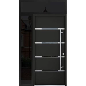 Front Exterior Prehung Steel Door / Deux 1105 Black Enamel / Sidelight and Transom Window Sidelite / Stainless Inserts Entry Metal Modern Painted W36+16" x H80+16" Left hand Inswing