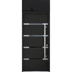 Front Exterior Prehung Steel Door / Deux 1105 Black Enamel / Transom Window Sidelite / Stainless Inserts Entry Metal Modern Painted W36" x H80+16" Left hand Inswing