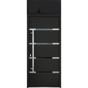 Front Exterior Prehung Steel Door / Deux 1105 Black Enamel / Transom Window Sidelite / Stainless Inserts Entry Metal Modern Painted W36" x H80+16" Right hand Outswing