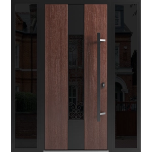 Front Exterior Prehung Steel Door / Ronex 1205 Bronze Oak / 2 Sidelight Exterior Windows Sidelites/ Entry Metal Modern Painted W12+36+12" x H80" Left hand Inswing