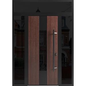 Front Exterior Prehung Steel Door / Ronex 1205 Bronze Oak / 2 Sidelight and Transom Window Sidelite / Entry Metal Modern Painted W12+36+12" x H80+16" Left hand Inswing