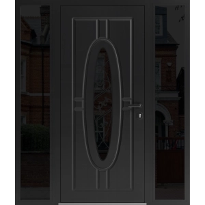 Front Exterior Prehung Steel Door / Ronex 1277 Black Enamel / 2 Sidelight Exterior Windows Sidelites/ Stainless Inserts Entry Metal Modern Painted W12+36+12" x H80" Left hand Inswing