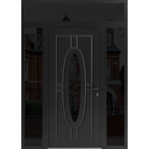 Front Exterior Prehung Steel Door / Ronex 1277 Black Enamel / 2 Sidelight and Transom Window Sidelite / Stainless Inserts Entry Metal Modern Painted W12+36+12" x H80+16" Left hand Inswing
