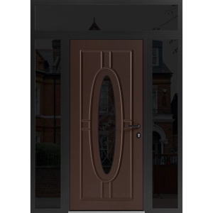 Front Exterior Prehung Steel Door / Ronex 1277 Brown / 2 Sidelight and Transom Window Sidelite / Entry Metal Modern Painted W12+36+12" x H80+16" Left hand Inswing
