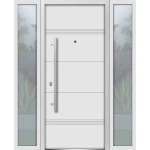 Front Exterior Prehung Steel Door / Deux 1705 White Enamel / 2 Sidelight Exterior Black Windows / Stainless Inserts Single Modern Painted-W16+36+16" x H80"-Right-hand Inswing