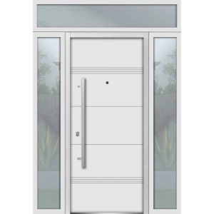 Front Exterior Prehung Steel Door / Deux 1705 White Enamel / 2 Sidelight and Transom Black Window / Stainless Inserts Single Modern Painted-W12+36+12" x H80+16"-Right-hand Inswing
