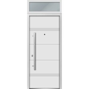 Front Exterior Prehung Steel Door / Deux 1705 White Enamel / Transom Black Window / Stainless Inserts Single Modern Painted-W36" x H80+16"-Right-hand Inswing