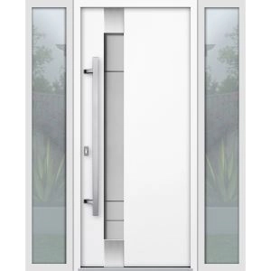 Front Exterior Prehung Steel Door / Deux 1713 White Enamel / 2 Sidelight Exterior Black Windows / Stainless Inserts Single Modern Painted-W12+36+12" x H80"-Right-hand Inswing