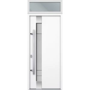 Front Exterior Prehung Steel Door / Deux 1713 White Enamel / Transom Black Window / Stainless Inserts Single Modern Painted-W36" x H80+16"-Right-hand Inswing