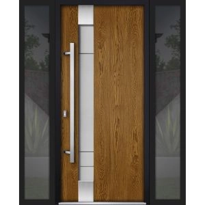 Front Exterior Prehung Steel Door / Deux 1713 Natural Oak / 2 Sidelight Exterior Black Windows / Stainless Inserts Single Modern Painted-W16+36+16" x H80"-Right-hand Inswing