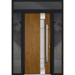 Front Exterior Prehung Steel Door / Deux 1713 Natural Oak / 2 Sidelight and Transom Black Window / Stainless Inserts Single Modern Painted-W12+36+12" x H80+16"-Left-hand Inswing