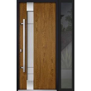Front Exterior Prehung Steel Door / Deux 1713 Natural Oak / Sidelight Exterior Black Window / Stainless Inserts Single Modern Painted-W36+16" x H80"-Right-hand Inswing