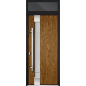 Front Exterior Prehung Steel Door / Deux 1713 Natural Oak / Transom Black Window / Stainless Inserts Single Modern Painted-W36" x H80+16"-Right-hand Inswing