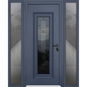 Front Exterior Prehung Steel Door / Ballucio 6044 Gray Graphite / 2 Side Exterior Windows / Stainless Inserts Single Modern Painted-W12+36+12" x H80"-Left-hand Inswing
