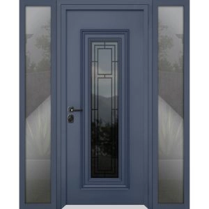 Front Exterior Prehung Steel Door / Ballucio 6044 Gray Graphite / 2 Side Exterior Windows / Stainless Inserts Single Modern Painted-W12+36+12" x H80"-Right-hand Inswing