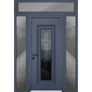 Front Exterior Prehung Steel Door / Ballucio 6044 Gray Graphite / 2 Side and Top Exterior Window / Stainless Inserts Single Modern Painted-W16+36+16" x H80+16"-Right-hand Inswing
