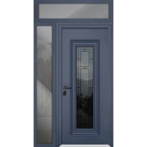 Front Exterior Prehung Steel Door / Ballucio 6044 Gray Graphite / Side and Top Exterior Window / Stainless Inserts Single Modern Painted-W36+16" x H80+16"-Right-hand Inswing