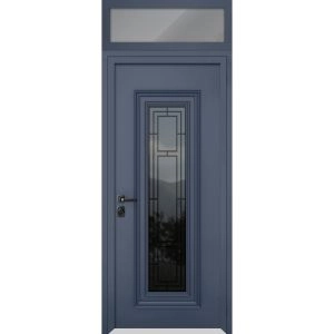 Front Exterior Prehung Steel Door / Ballucio 6044 Gray Graphite / Top Exterior Window / Stainless Inserts Single Modern Painted-W36" x H80+16"-Right-hand Inswing