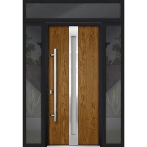 Front Exterior Prehung Steel Door / Deux 1744 Natural Oak / 2 Sidelight and Transom Black Window / Stainless Inserts Single Modern Painted-W12+36+12" x H80+16"-Right-hand Inswing