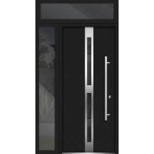 Front Exterior Prehung Steel Door / Deux 1755 Black Enamel / Sidelight and Transom Window / Stainless Inserts Single Modern Painted-W36+16" x H80+16"-Left-hand Inswing
