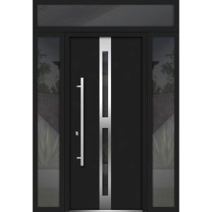 Front Exterior Prehung Steel Door / Deux 1755 Black Enamel / 2 Sidelight and Transom Window / Stainless Inserts Single Modern Painted-W12+36+12" x H80+16"-Right-hand Inswing