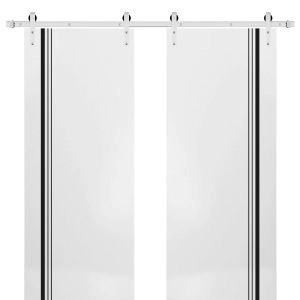 Sturdy Double Barn Door with Hardware | Planum 0011 White Silk and Aluminum Strips | Silver 13FT Rail Hangers Heavy Set | Modern Solid Panel Interior Doors