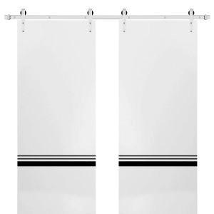 Sturdy Double Barn Door with Hardware | Planum 0012 White Silk and Aluminum Strips | Silver 13FT Rail Hangers Heavy Set | Modern Solid Panel Interior Doors