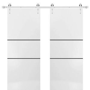 Sturdy Double Barn Door with Hardware | Planum 0014 White Silk and Aluminum Strips | Silver 13FT Rail Hangers Heavy Set | Modern Solid Panel Interior Doors