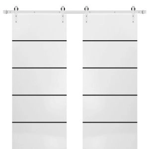 Sturdy Double Barn Door with Hardware | Planum 0015 White Silk and Aluminum Strips | Silver 13FT Rail Hangers Heavy Set | Modern Solid Panel Interior Doors