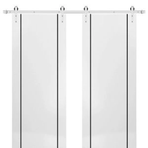 Sturdy Double Barn Door with Hardware | Planum 0017 White Silk and Aluminum Strips | 13FT Rail Hangers Heavy Set | Modern Solid Panel Interior Doors-36" x 80" (2* 18x80)