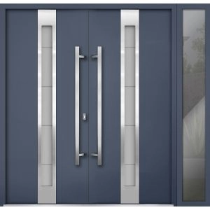 Front Exterior Prehung Steel Double Doors / Deux 1717 Gray Graphite / Sidelight Exterior Window / Stainless Inserts Single Modern Painted-W72+16" x H80"