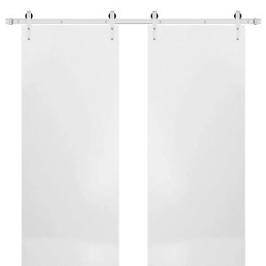 Sturdy Double Barn Door with Hardware | Planum 0010 White Silk | Silver 13FT Rail Hangers Heavy Set | Modern Solid Panel Interior Doors