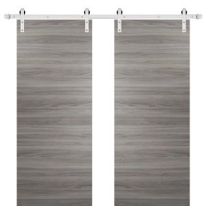 Planum 0010 Modern Interior Solid Wood Flush Closet Double Barn Doors Ginger Ash with Track 13FT Rail Hardware Set