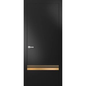Modern Solid Interior Door with Handle | Planum 2010 Matte Black and Aluminum Strips | Single Regural Panel Frame Trims | Bathroom Bedroom Sturdy Doors