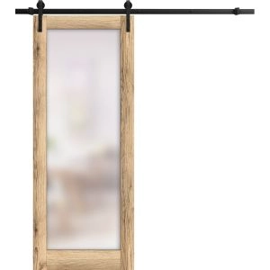 Sturdy Barn Door | Planum 2102 Oak with Frosted Glass | 6.6FT Rail Hangers Heavy Hardware Set | Solid Panel Interior Doors