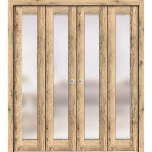 Sliding Closet Double Bi-fold Doors | Planum 2102 Oak with Frosted Glass | Sturdy Tracks Moldings Trims Hardware Set | Wood Solid Bedroom Wardrobe Doors 