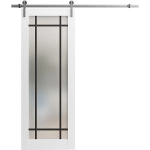 Sturdy Barn Door | Planum 2112 White Silk with Frosted Glass and Aluminum Strips | 6.6FT Silver Rail Hangers Heavy Hardware Set | Modern Solid Panel Interior Doors