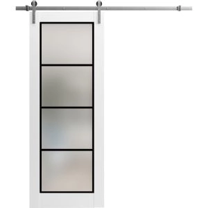 Sturdy Barn Door | Planum 2132 White Silk with Frosted Glass and Aluminum Strips | 6.6FT Silver Rail Hangers Heavy Hardware Set | Modern Solid Panel Interior Doors
