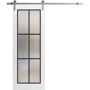 Sturdy Barn Door | Planum 2122 White Silk with Frosted Glass and Aluminum Strips | 6.6FT Silver Rail Hangers Heavy Hardware Set | Modern Solid Panel Interior Doors