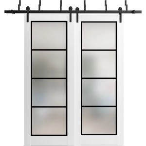 Sliding Closet Barn Bypass Doors with Hardware | Planum 2132 White Silk with Frosted Glass and Aluminum Strips | Sturdy 6.6ft Rails Hardware Set | Modern Wood Solid Bedroom Wardrobe Doors